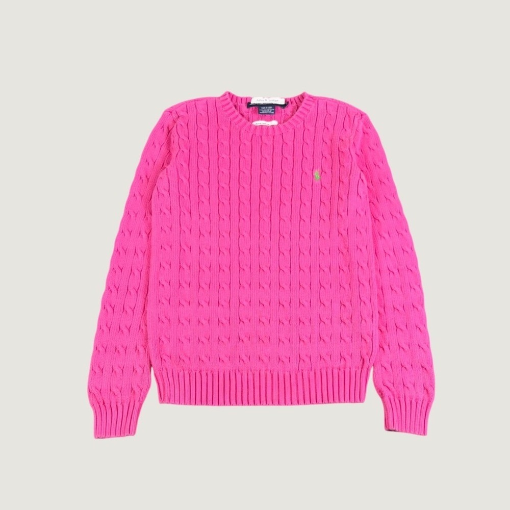 Ralph Lauren Sport Hot Pink Cable Knit Cotton Sweater Green Pony Logo Womens M